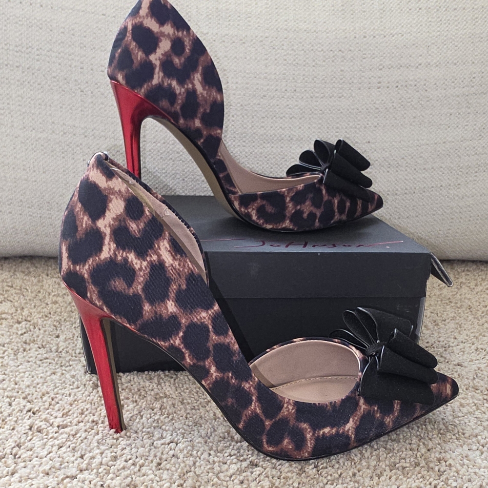Betsey Johnson Leopard Print Heels with Black Bow and Red Stiletto